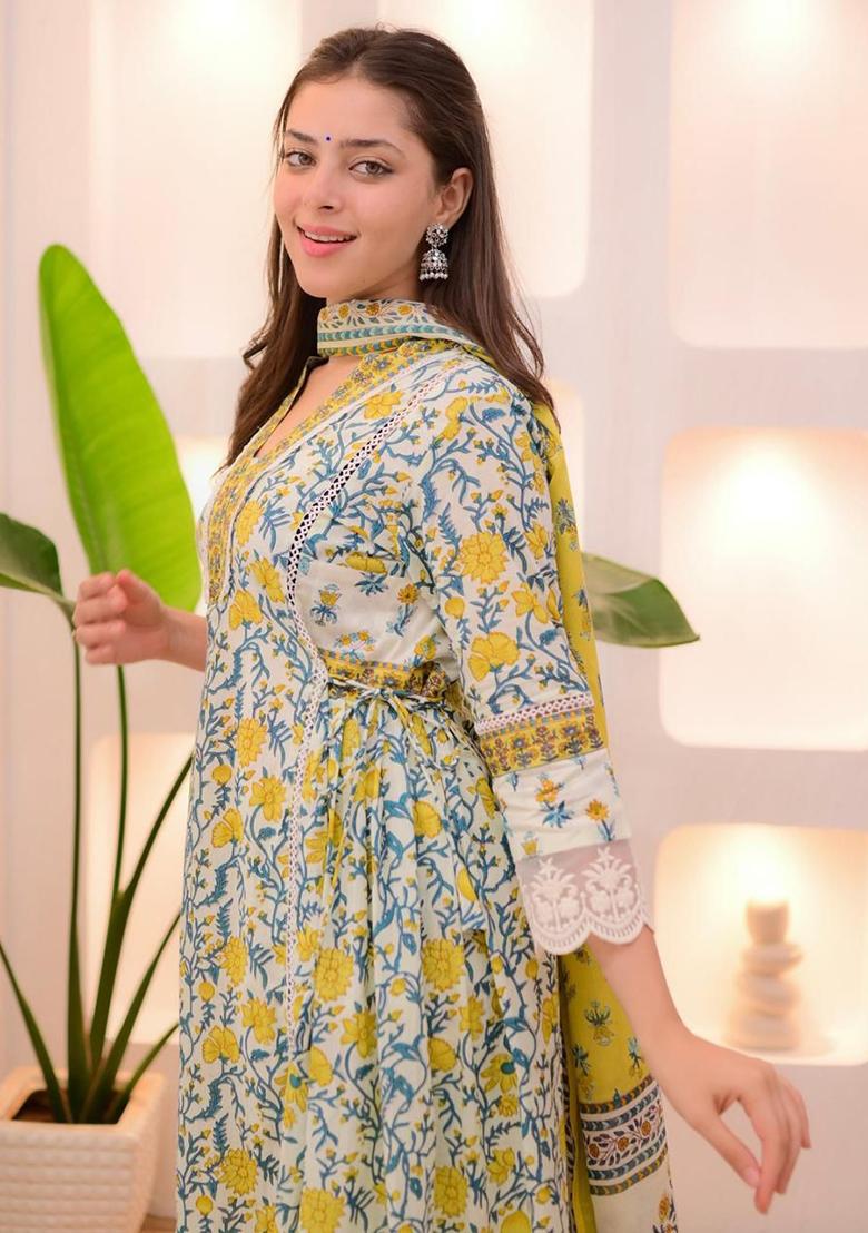 Yellow Embroidery Cotton Kurta Set - Indya