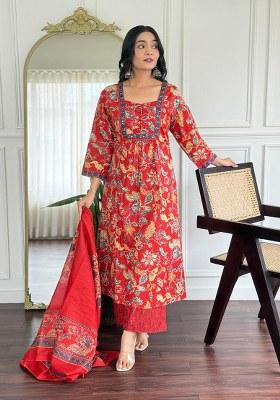 Red Printed Cotton Kurta Set