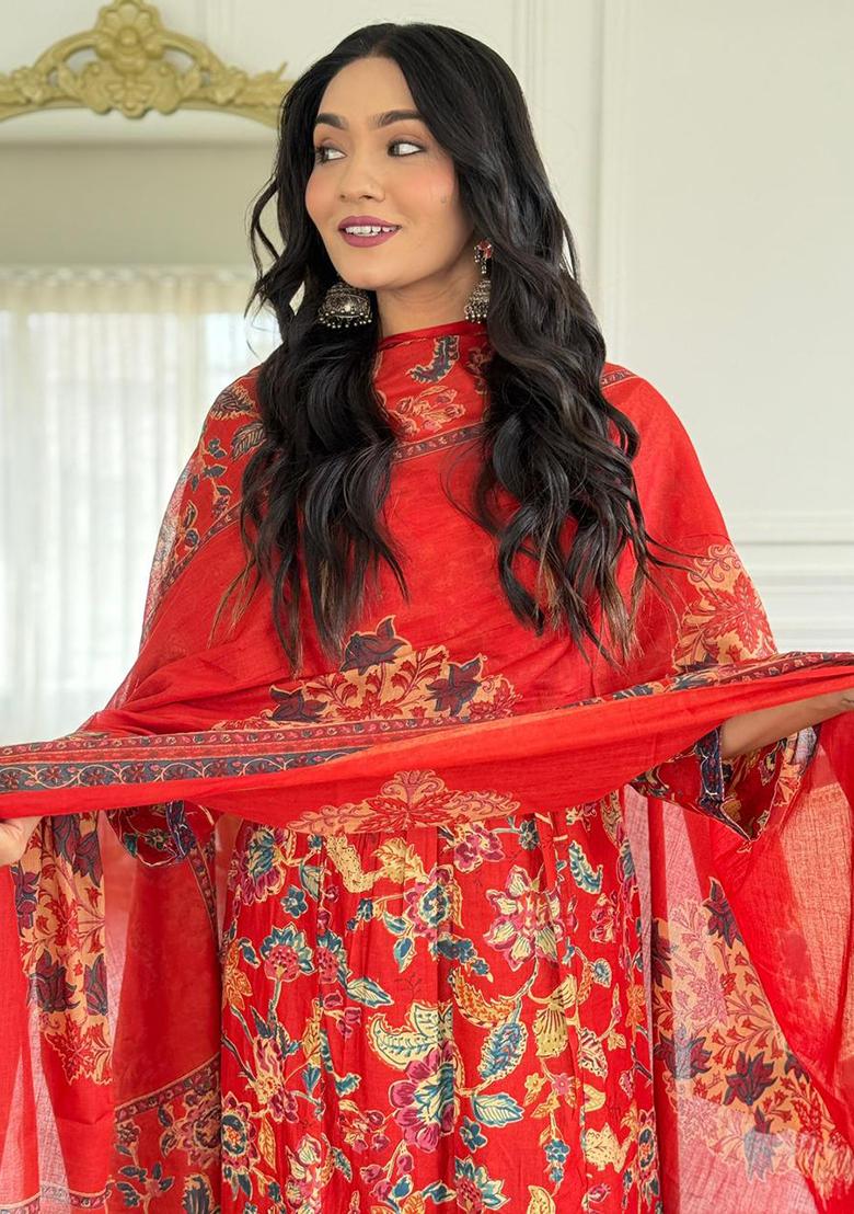 Red Printed Cotton Kurta Set - Indya