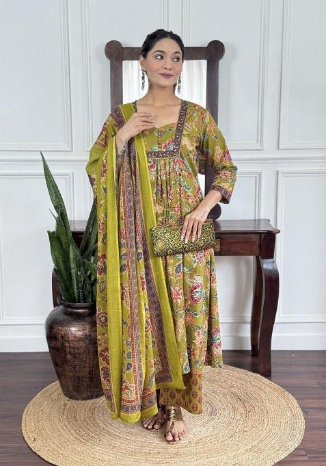 Green Printed Cotton Kurta Set