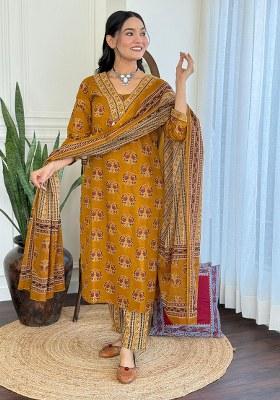 Yellow Embroidery Cotton Kurta Set