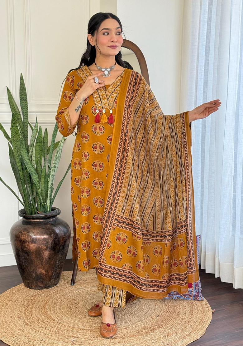 Yellow Embroidery Cotton Kurta Set - Indya