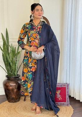 Blue Embroidery Cotton Kurta Set