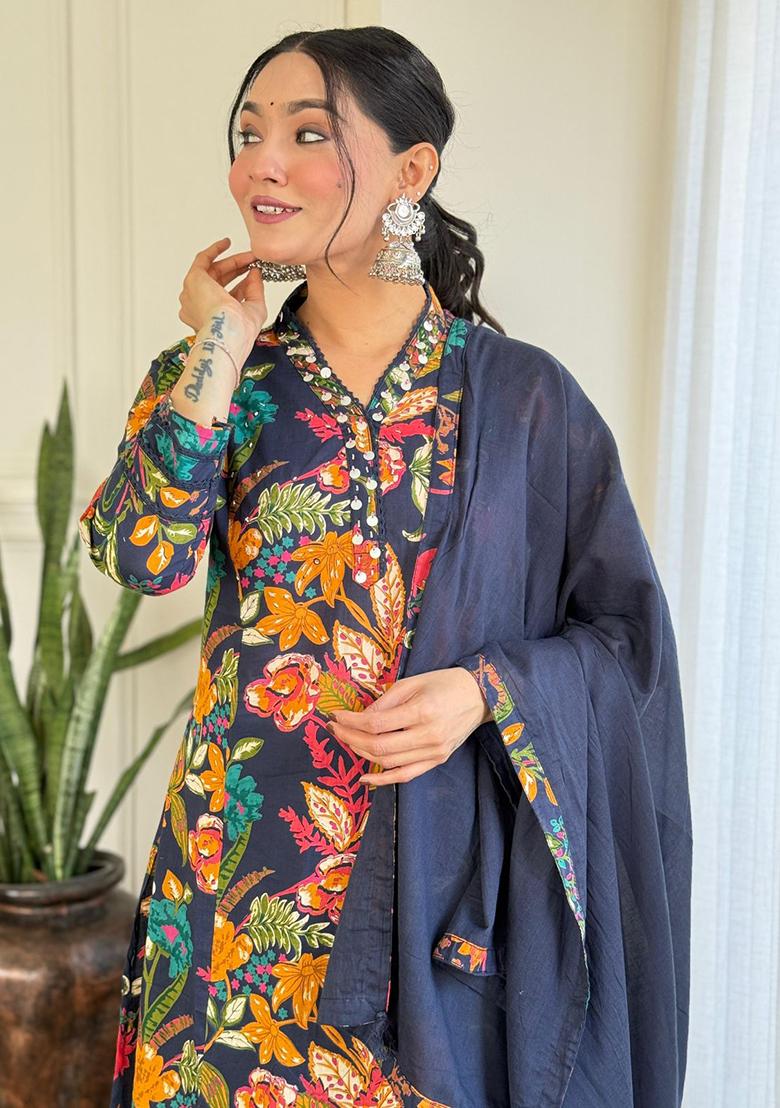 Blue Embroidery Cotton Kurta Set - Indya