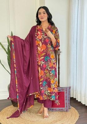 Maroon Embroidery Cotton Kurta Set