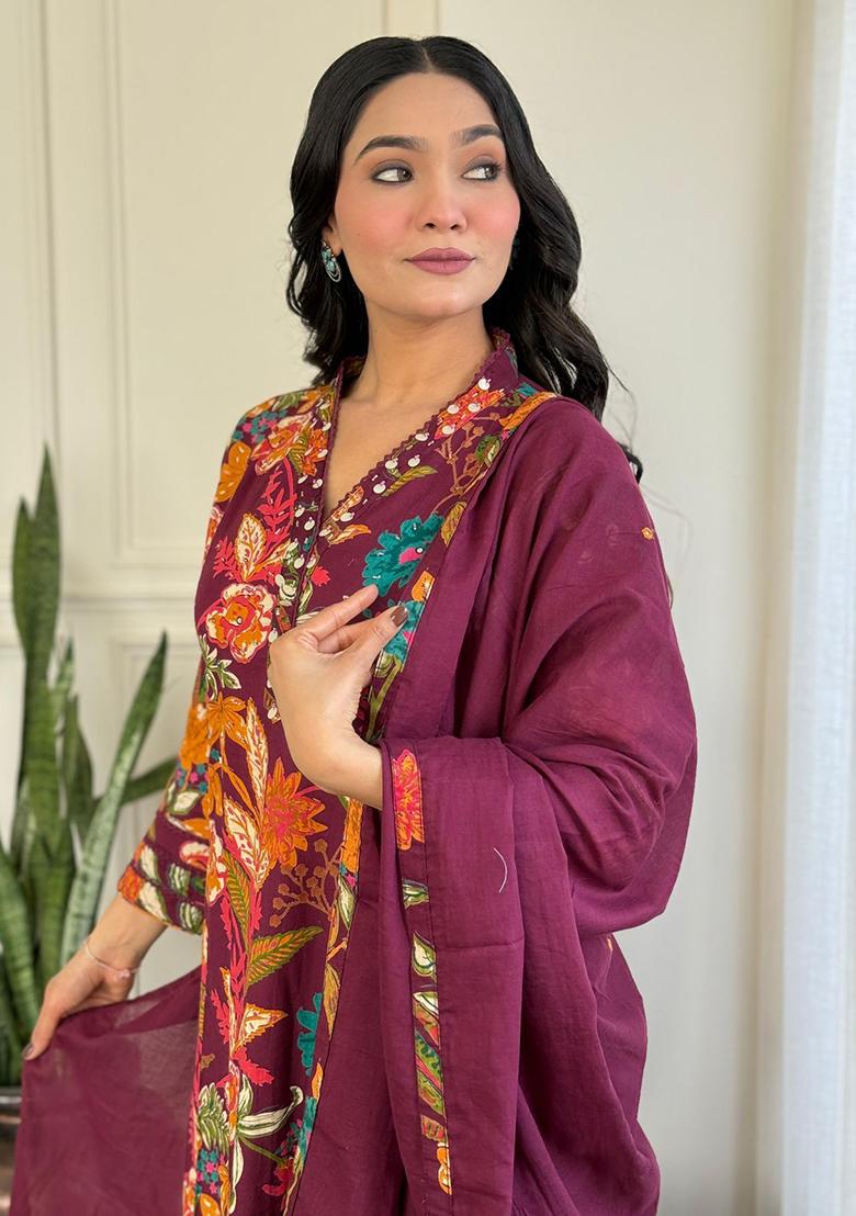 Maroon Embroidery Cotton Kurta Set - Indya