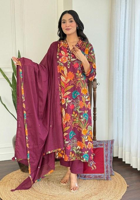 Maroon Embroidery Cotton Kurta Set