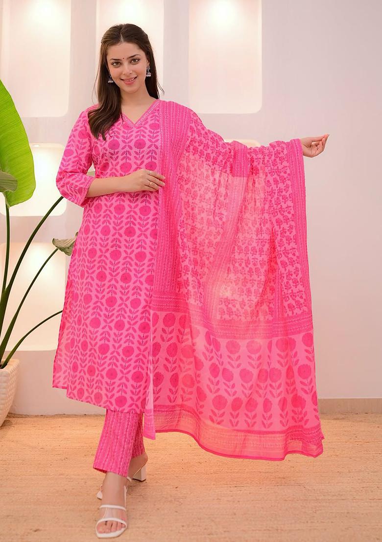 Pink Printed Cotton Kurta Set - Indya