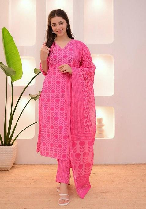 Pink Printed Cotton Kurta Set