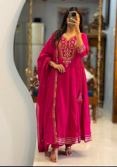 Pink Embroidery Cotton Kurta Set