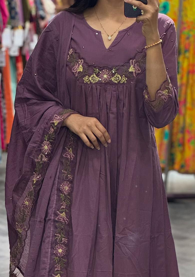 Purple Embroidery Cotton Kurta Set - Indya