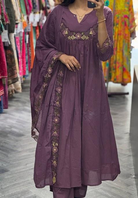 Purple Embroidery Cotton Kurta Set