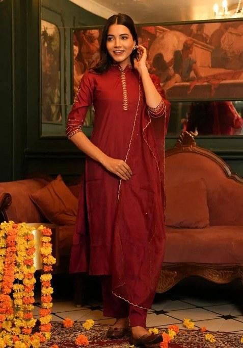 Red Embroidery Cotton Kurta Set