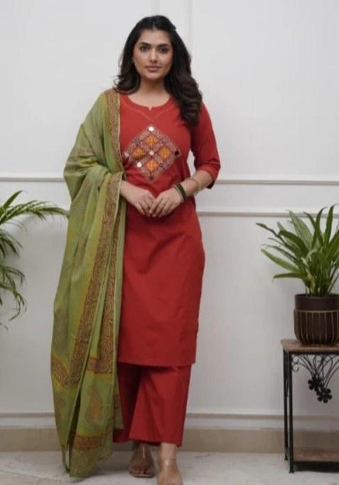 Orange Embroidery Cotton Kurta Set