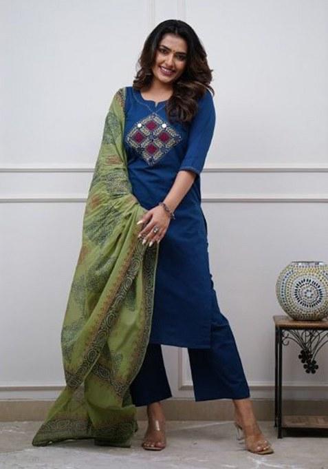 Blue Embroidery Cotton Kurta Set