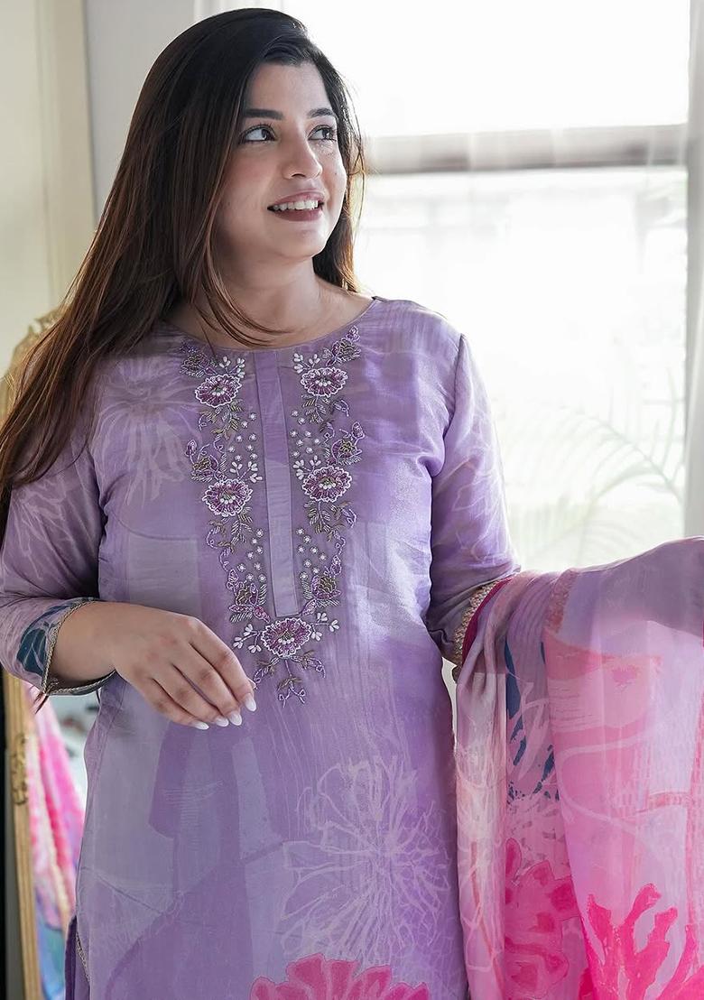 Purple Embroidery Cotton Kurta Set - Indya