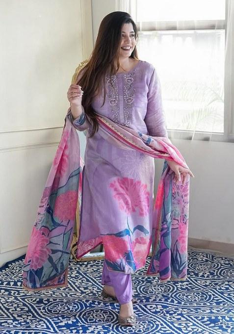 Purple Embroidery Cotton Kurta Set