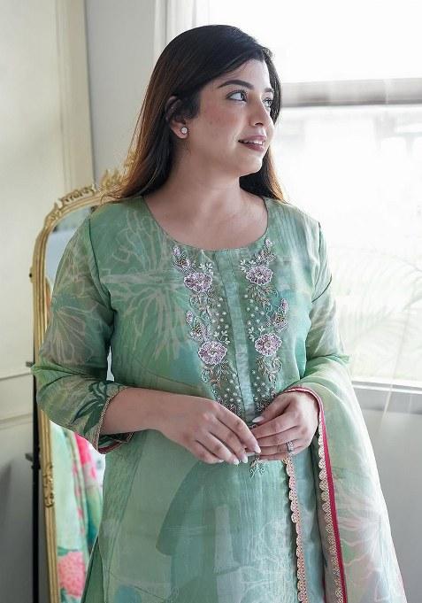 Green Embroidery Cotton Kurta Set