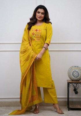 Yellow Embroidery Cotton Kurta Set
