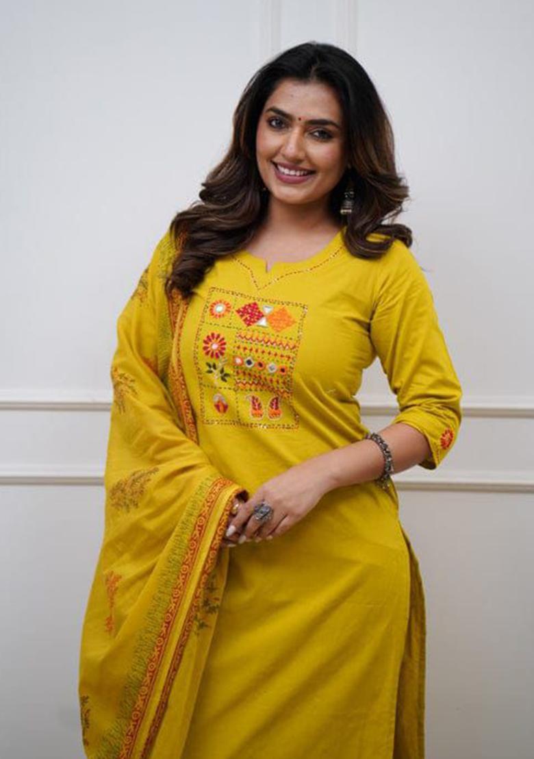 Yellow Embroidery Cotton Kurta Set - Indya