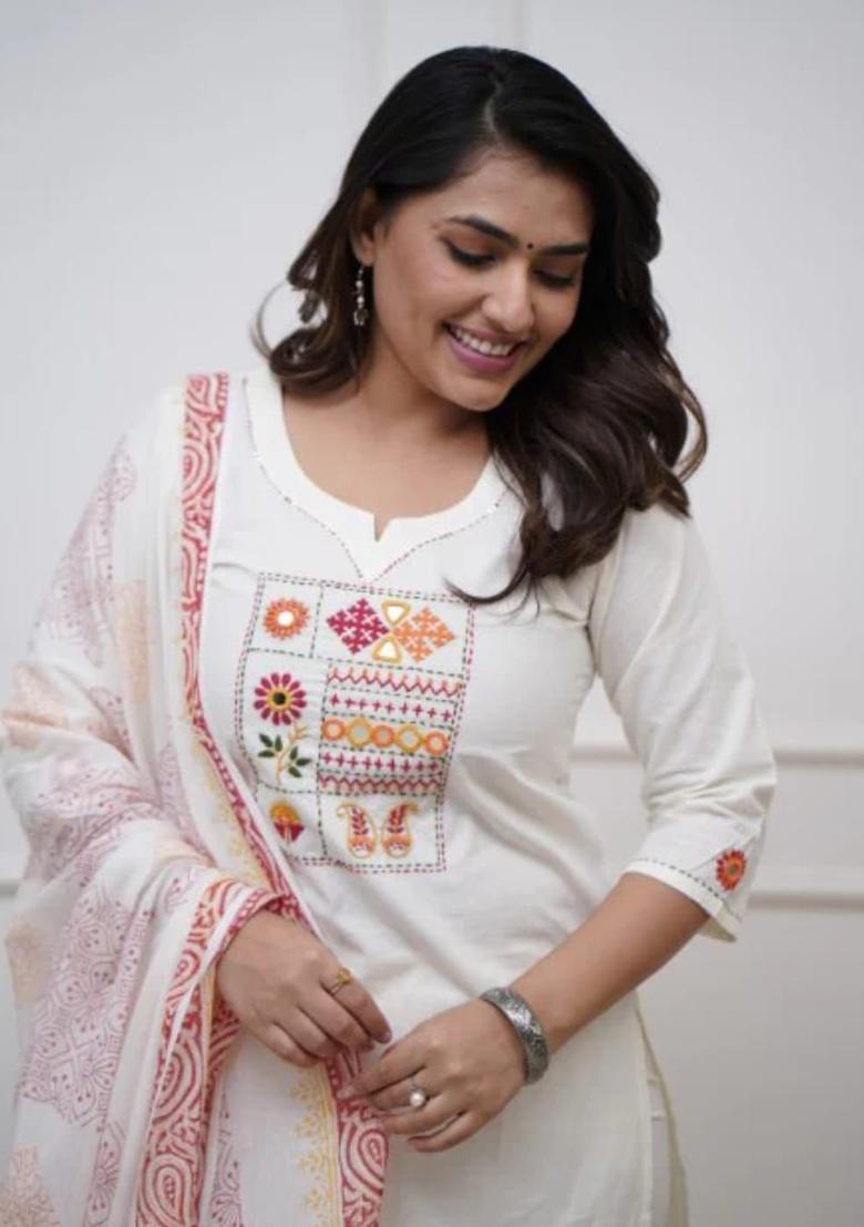 White Embroidery Cotton Kurta Set - Indya