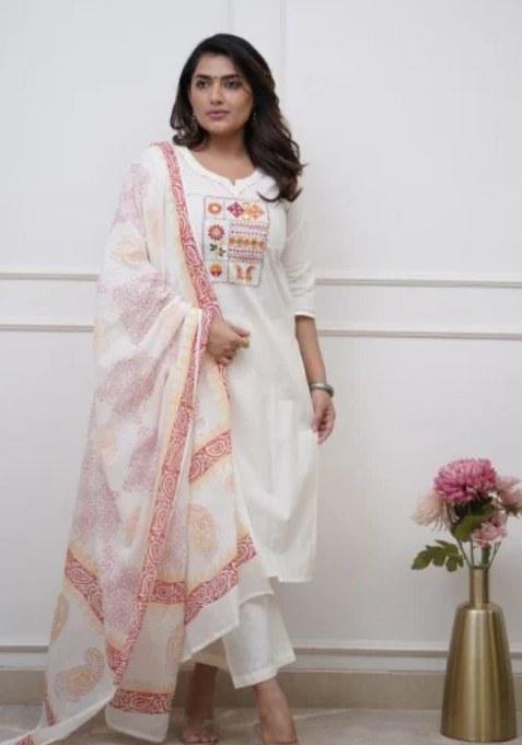 White Embroidery Cotton Kurta Set
