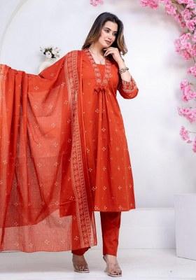 Orange Embroidery Cotton Kurta Set