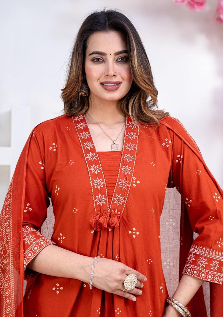 Orange Embroidery Cotton Kurta Set - Indya