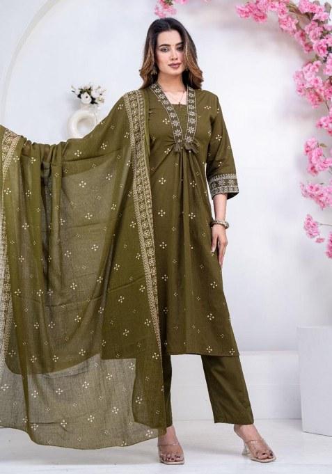 Green Embroidery Cotton Kurta Set