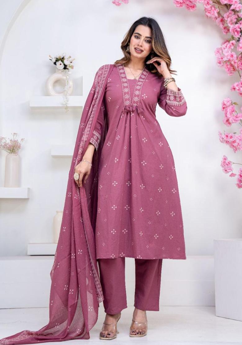 Pink Embroidery Cotton Kurta Set - Indya