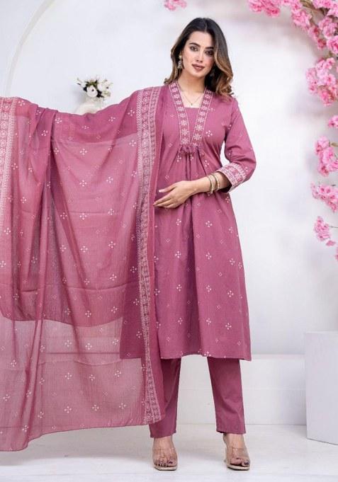 Pink Embroidery Cotton Kurta Set