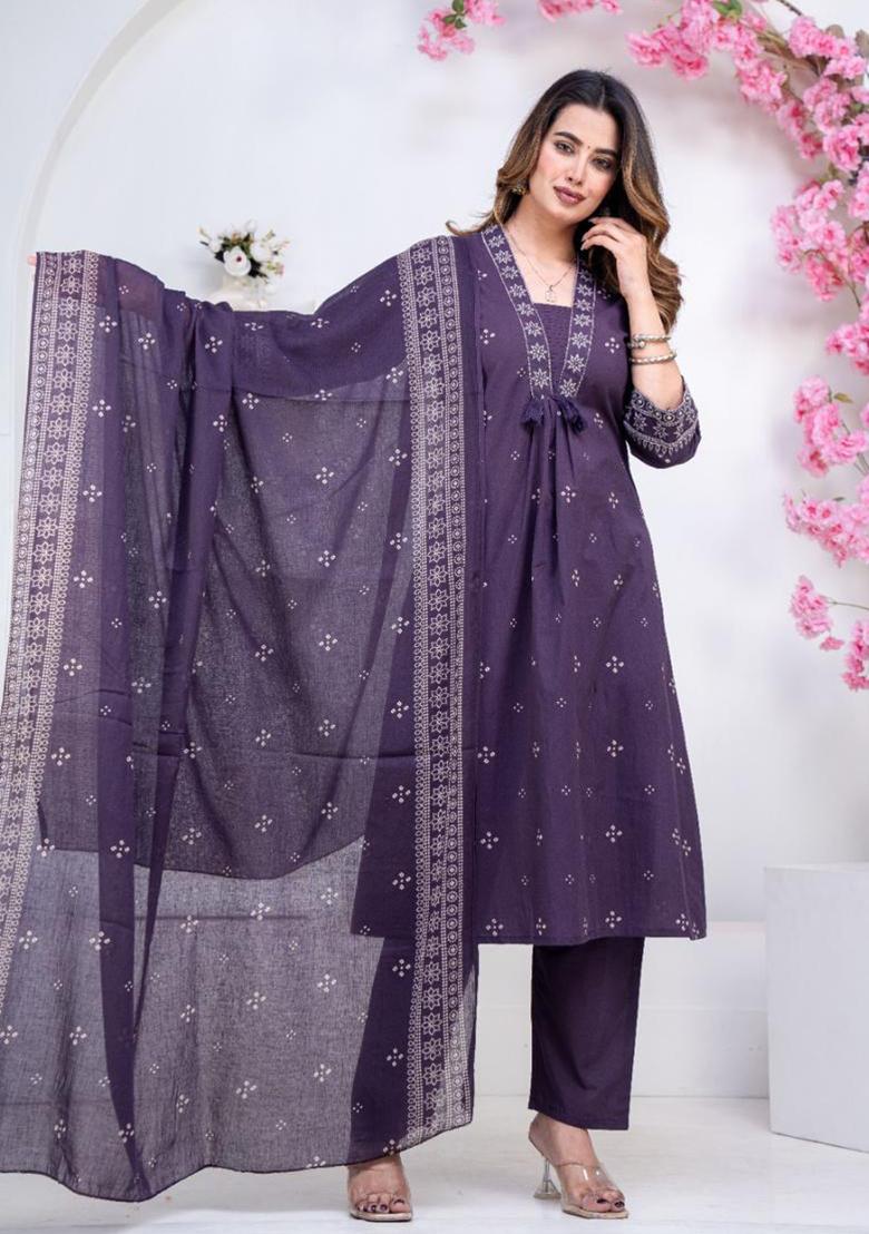 Blue Embroidery Cotton Kurta Set - Indya