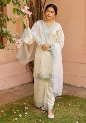 White Embroidery Silk Kurta Set