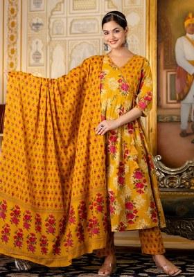 Yellow Printed Chanderi Kurta Set