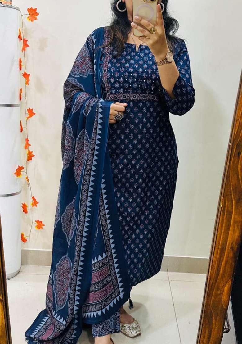 Blue Printed Chanderi Kurta Set - Indya