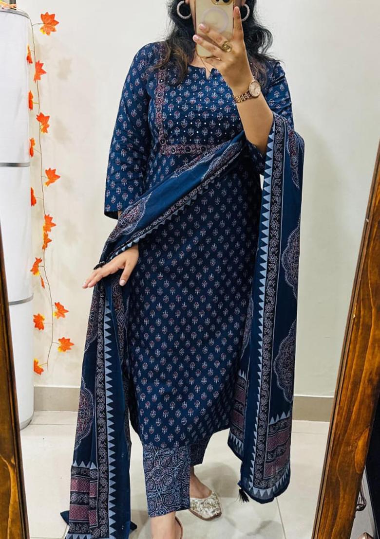 Blue Printed Chanderi Kurta Set - Indya