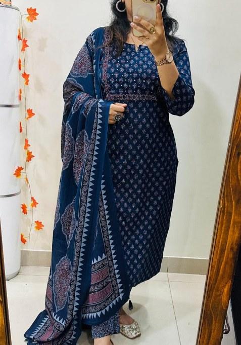 Blue Printed Chanderi Kurta Set