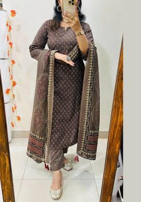 Brown Printed Chanderi Kurta Set
