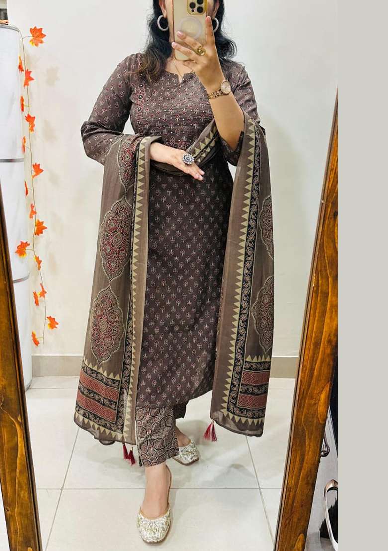 Brown Printed Chanderi Kurta Set - Indya