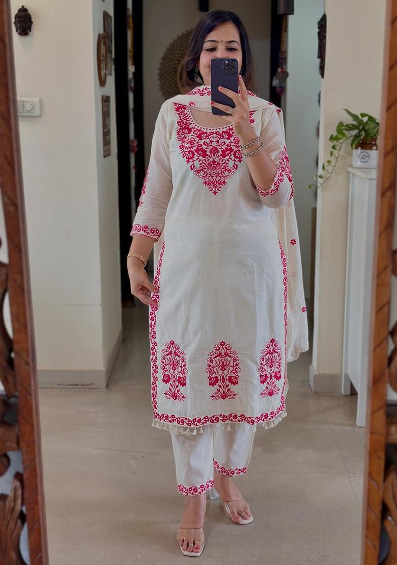 White Embroidery Chanderi Kurta Set - Indya