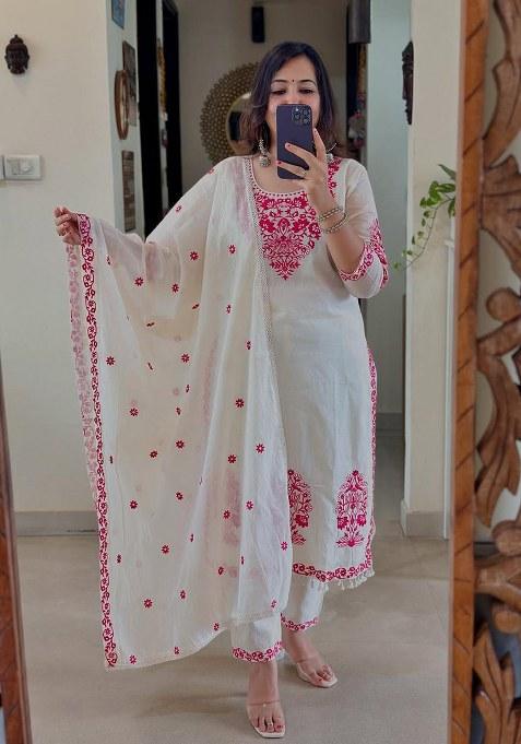 White Embroidery Chanderi Kurta Set