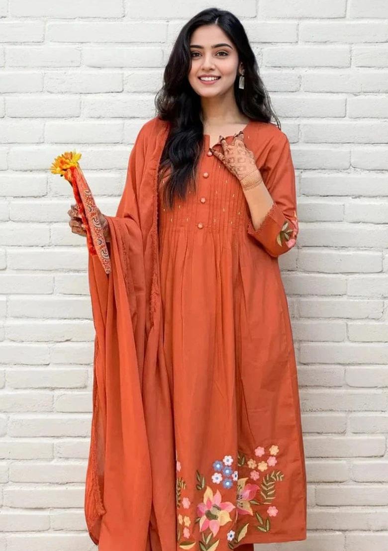 Rust Embroidery Chanderi Kurta Set - Indya