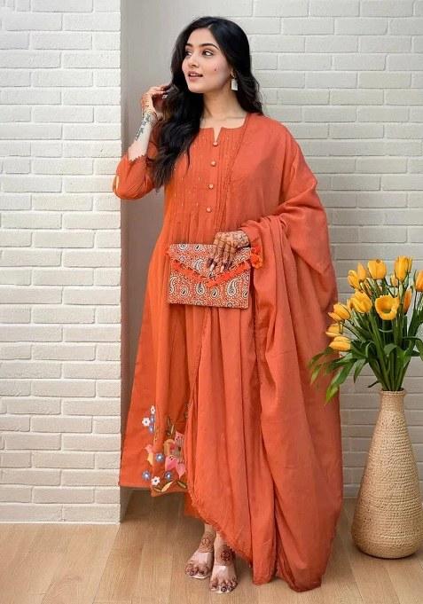 Rust Embroidery Chanderi Kurta Set
