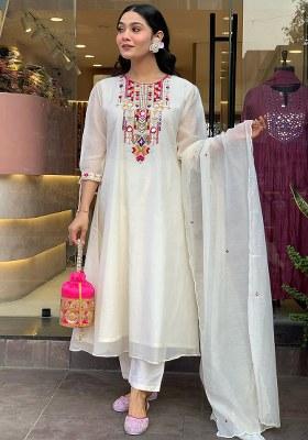 White Embroidery Chanderi Kurta Set