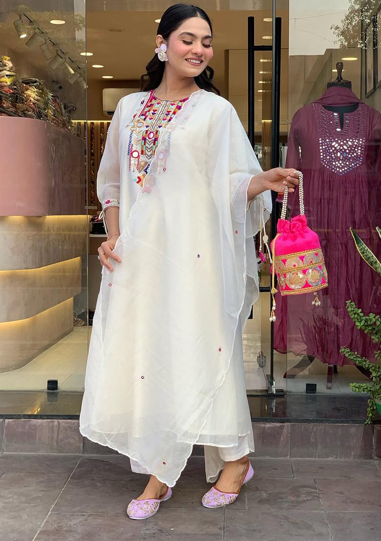 White Embroidery Chanderi Kurta Set - Indya