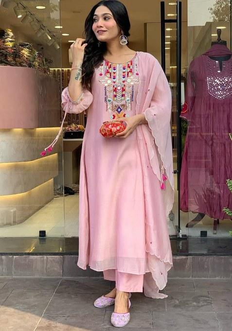 Pink Embroidery Chanderi Kurta Set