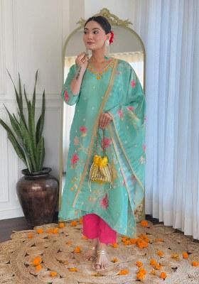 Sea Green Embroidery Chinon Kurta Set