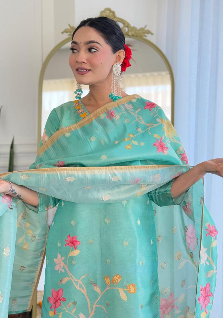 Sea Green Embroidery Chinon Kurta Set - Indya