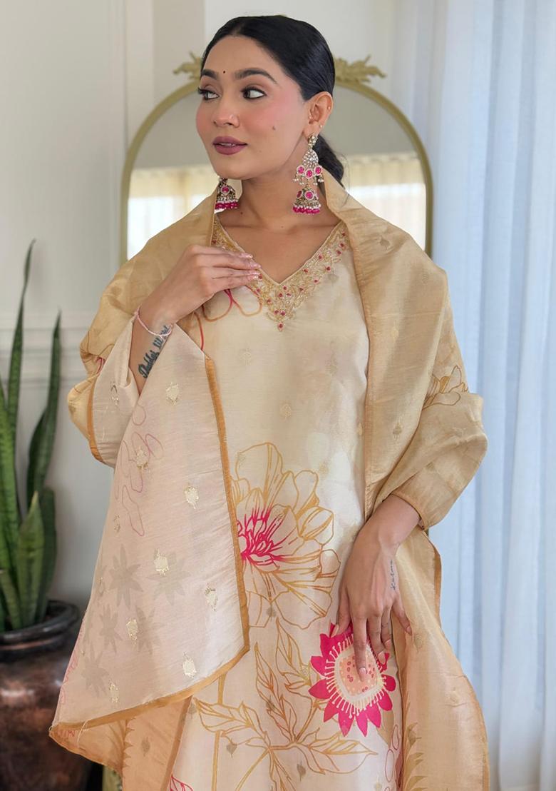 Beige Embroidery Chinon Kurta Set - Indya