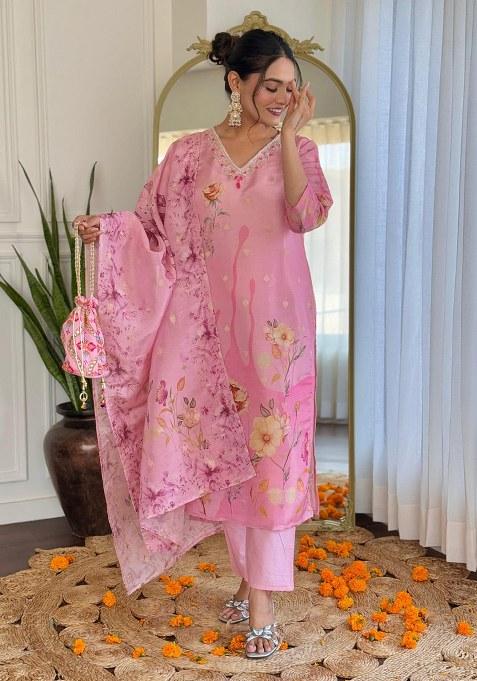 Pink Embroidery Chinon Kurta Set